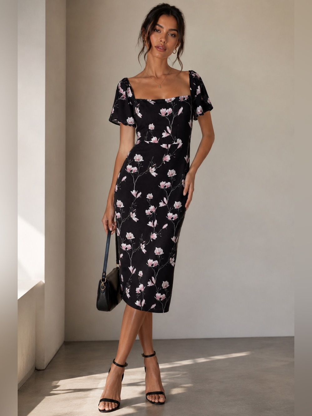 ASOS Black and Pink Floral Dress S
